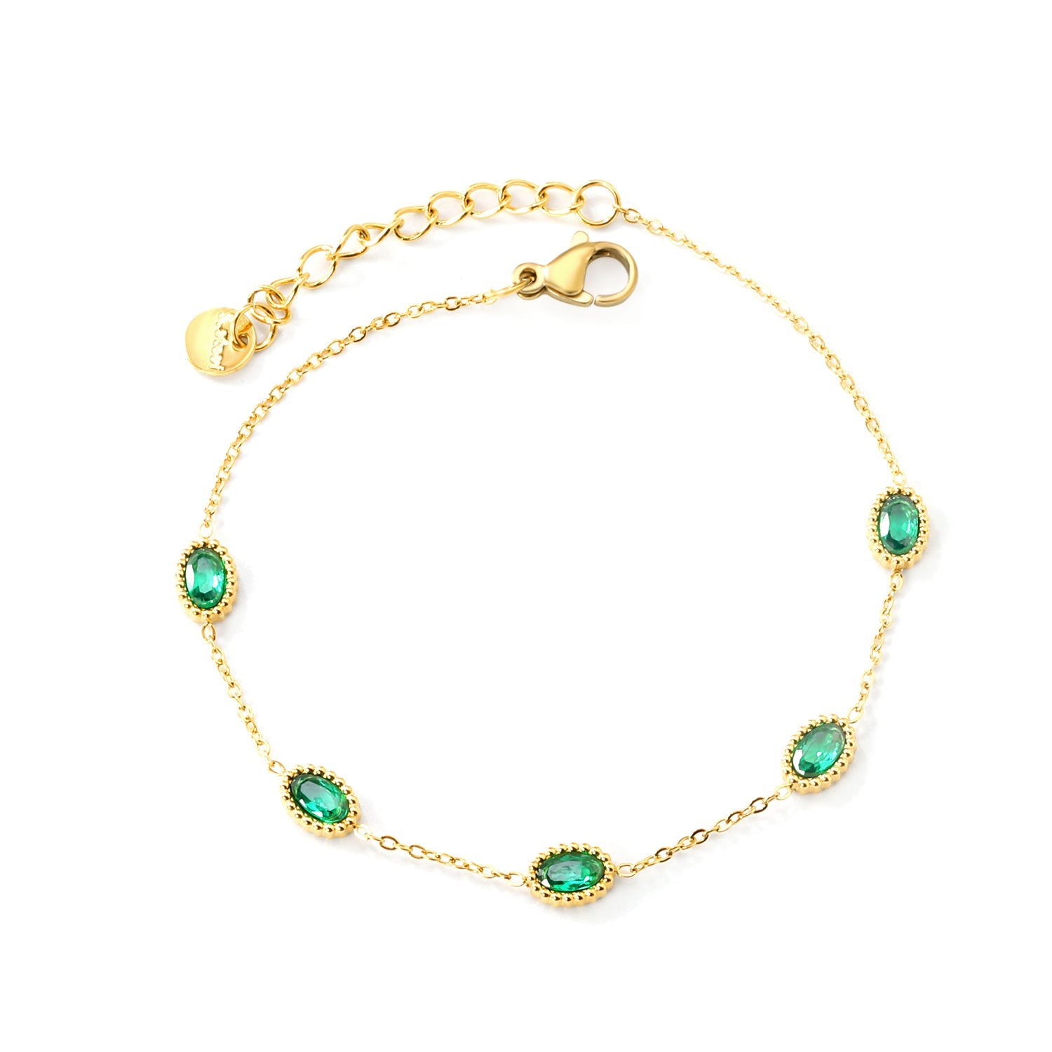 5*7mm Oval Shape Sticky Emerald Zirconium Fittings 0.3 Cross Chain*18+3cm+6mm Round Plaque Bracelet Golden asonjewelry
